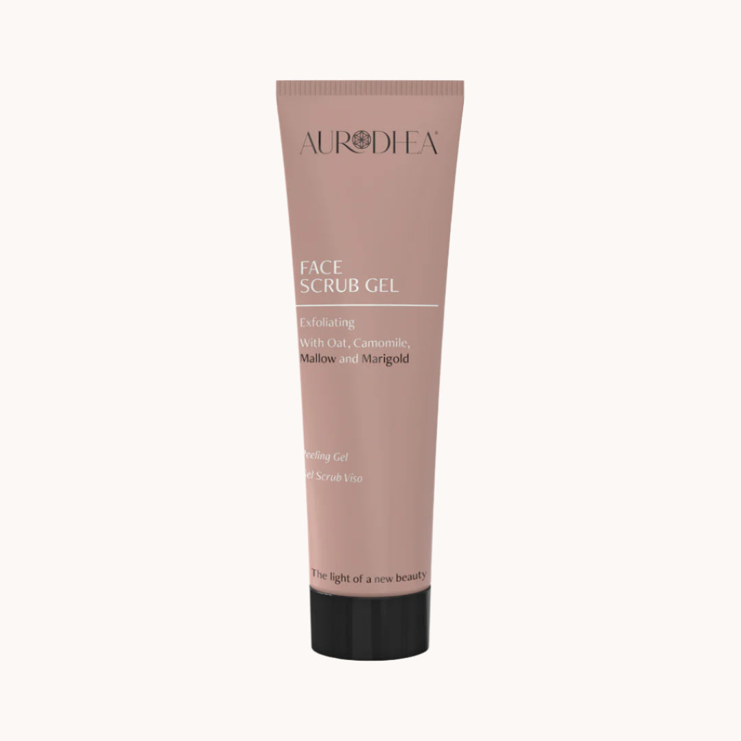 Aurodhea Peeling Gel mit pflanzlichem Granulat aus Süßmandelkernen, Bio-Kamille, Malve und Ringelblume in transparenter Tube, sanftes Peeling für ein glattes und strahlendes Hautbild