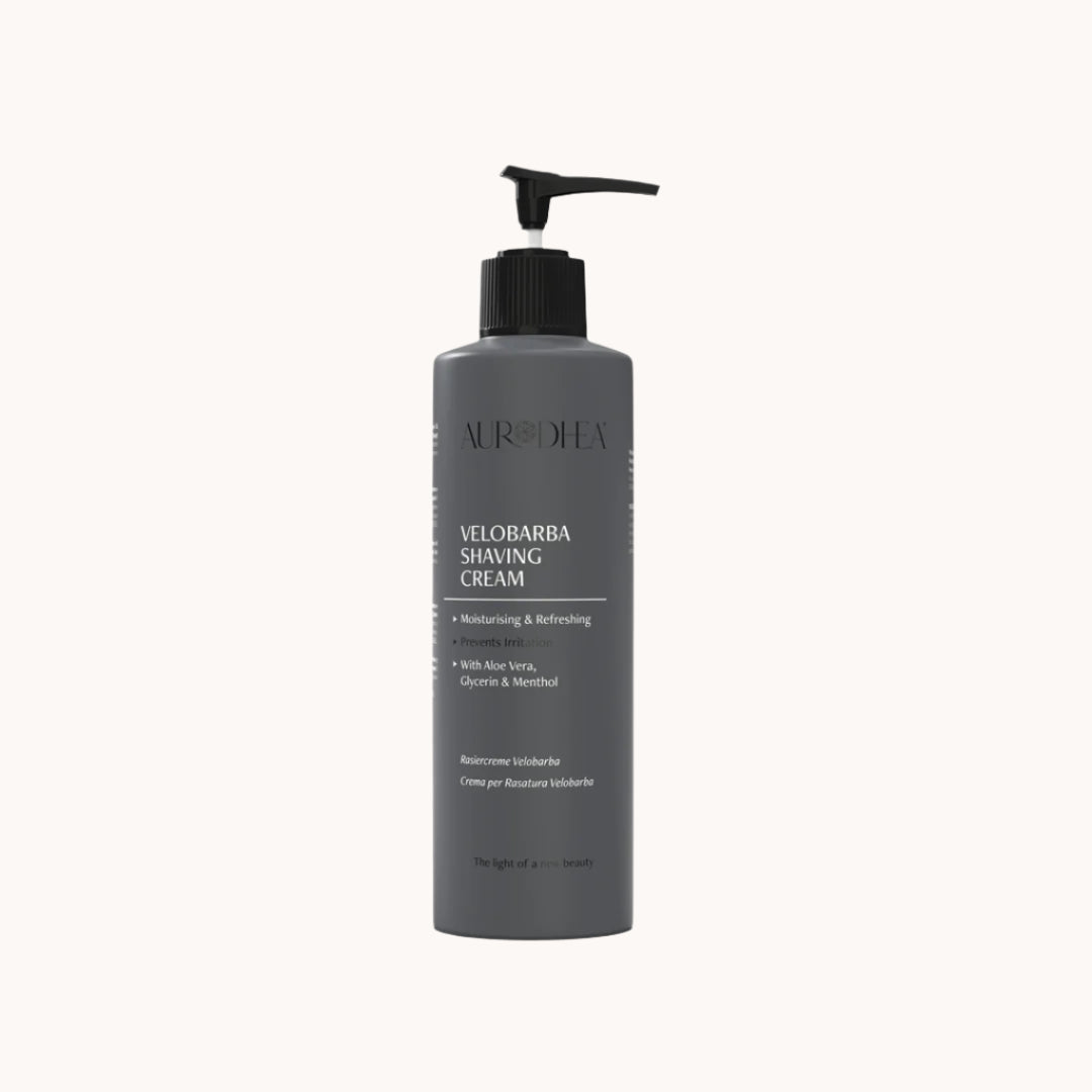 Aurodhea Rasiercreme Velobarba mit Glycerin, Aloe Vera und Menthol in Tube, sanfte, feuchtigkeitsspendende Creme für eine angenehme und erfrischende Rasur ohne Schaum