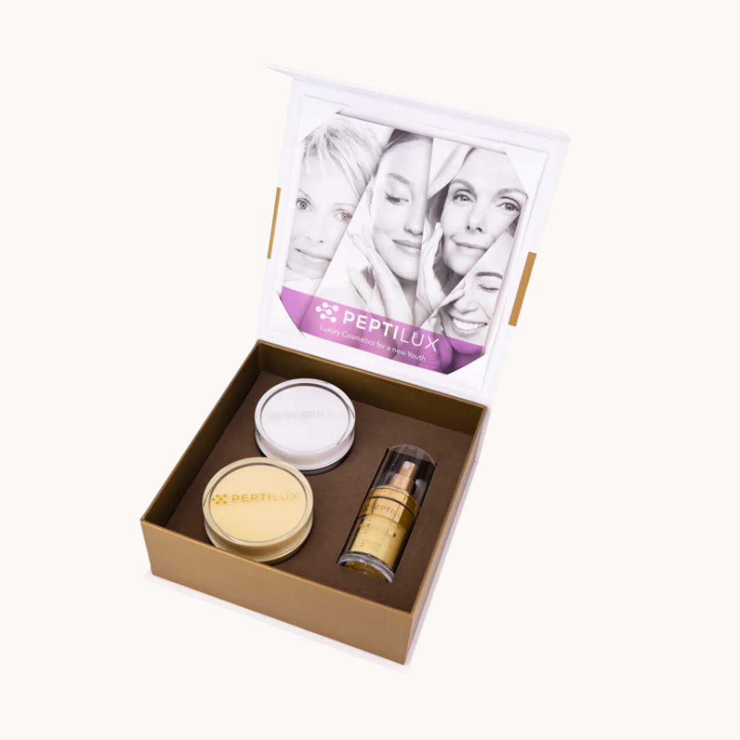 Peptilux Luxury Skin Care Cream Set mit Tagescreme, Nachtcreme und Augencreme, umfassende Anti-Aging-Pflege für ein jugendliches und strahlendes Hautbild
