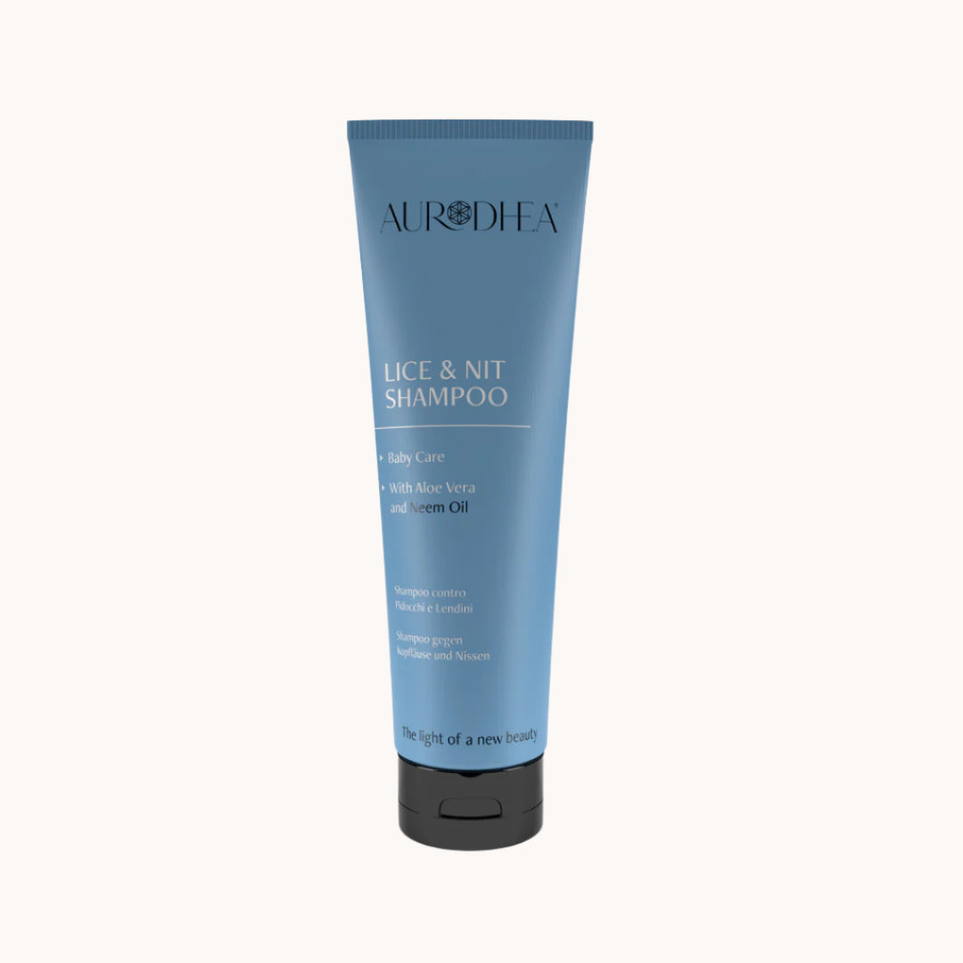 Aurodhea Bio-Shampoo gegen Kopfläuse und Nissen – chemikalienfreie, schwefelbasierte Formel mit Aloe Vera zur Linderung von Entzündungen, Neemöl zur Abwehr von Läusen sowie ätherischem Zitronenöl und Zimtextrakt zur Desinfektion und Beruhigung der Kopfhaut.