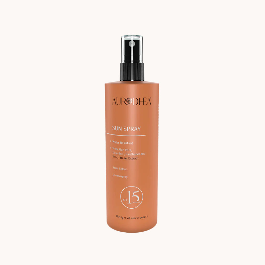 Aurodhea Sonnenspray  feuchtigkeitsspendender Sonnenschutz mit Aloe Vera, Vitamin E und Hamamelis, zieht schnell ein und schützt zuverlässig vor UVA- und UVB-Strahlen