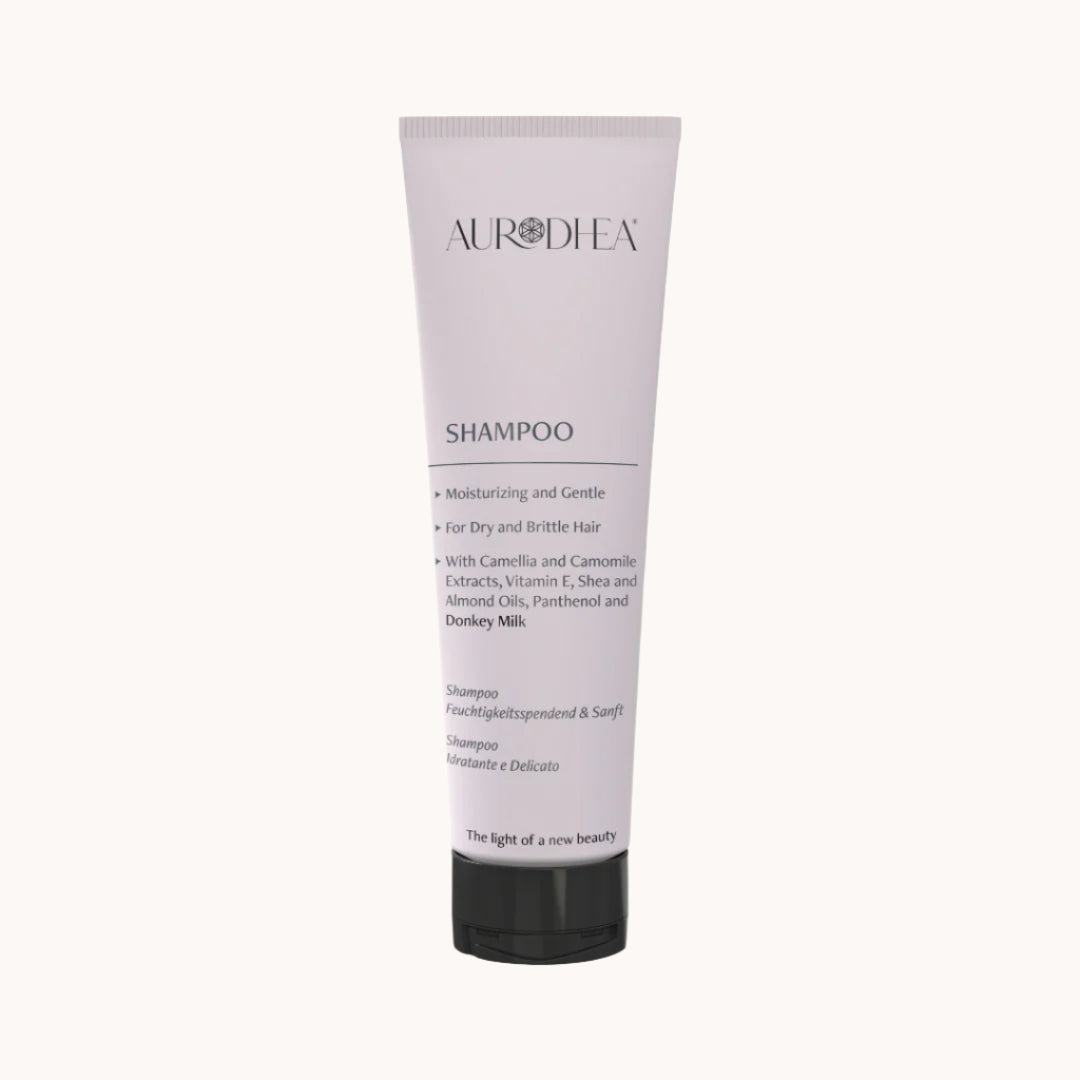Aurodhea Shampoo mit Eselsmilch, Süßmandelöl und Sheaöl für sanfte Pflege, Volumen und Glanz bei empfindlicher Kopfhaut und feinem Haar.