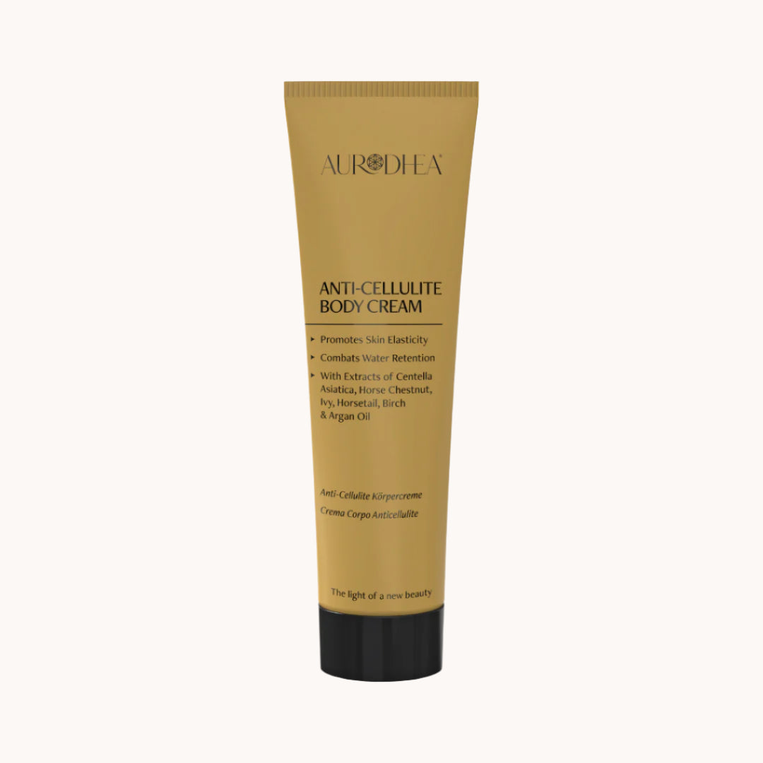 Aurodhea Anti-Cellulite Körpercreme mit pflanzlichen Extrakten aus Centella Asiatica, Rosskastanie, Schachtelhalm, Efeu und Birke, zur Reduktion von Fettdepots, Wassereinlagerungen und Ödemen, für straffere, glattere Haut und verbesserte Mikrozirkulation.
