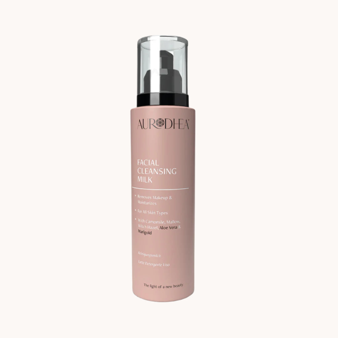 Aurodhea Reinigungsmilch in weißer Flasche, sanfte Gesichtspflege mit Aloe Vera, Kamille und Hamamelis zur Make-up-Entfernung und Beruhigung der Haut
