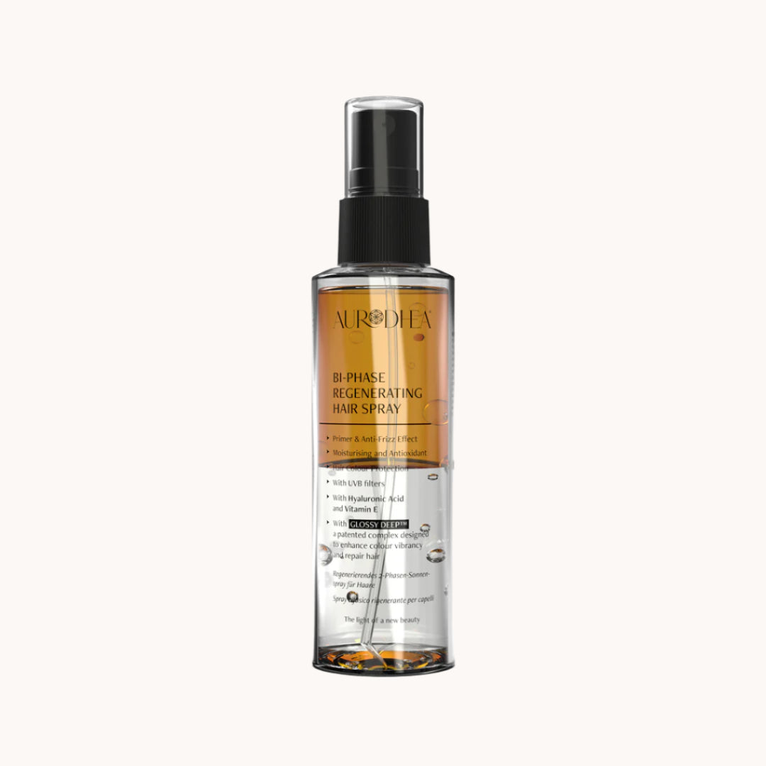 Aurodhea Regenerierendes 2-Phasen-Sonnenspray für braunes Haar mit GLOSSY DEEP™, Johanniskraut, Walnussschalenöl, Hyaluronsäure und Aloe Vera – feuchtigkeitsspendender UVB-Schutz für glänzendes, geschmeidiges Haar