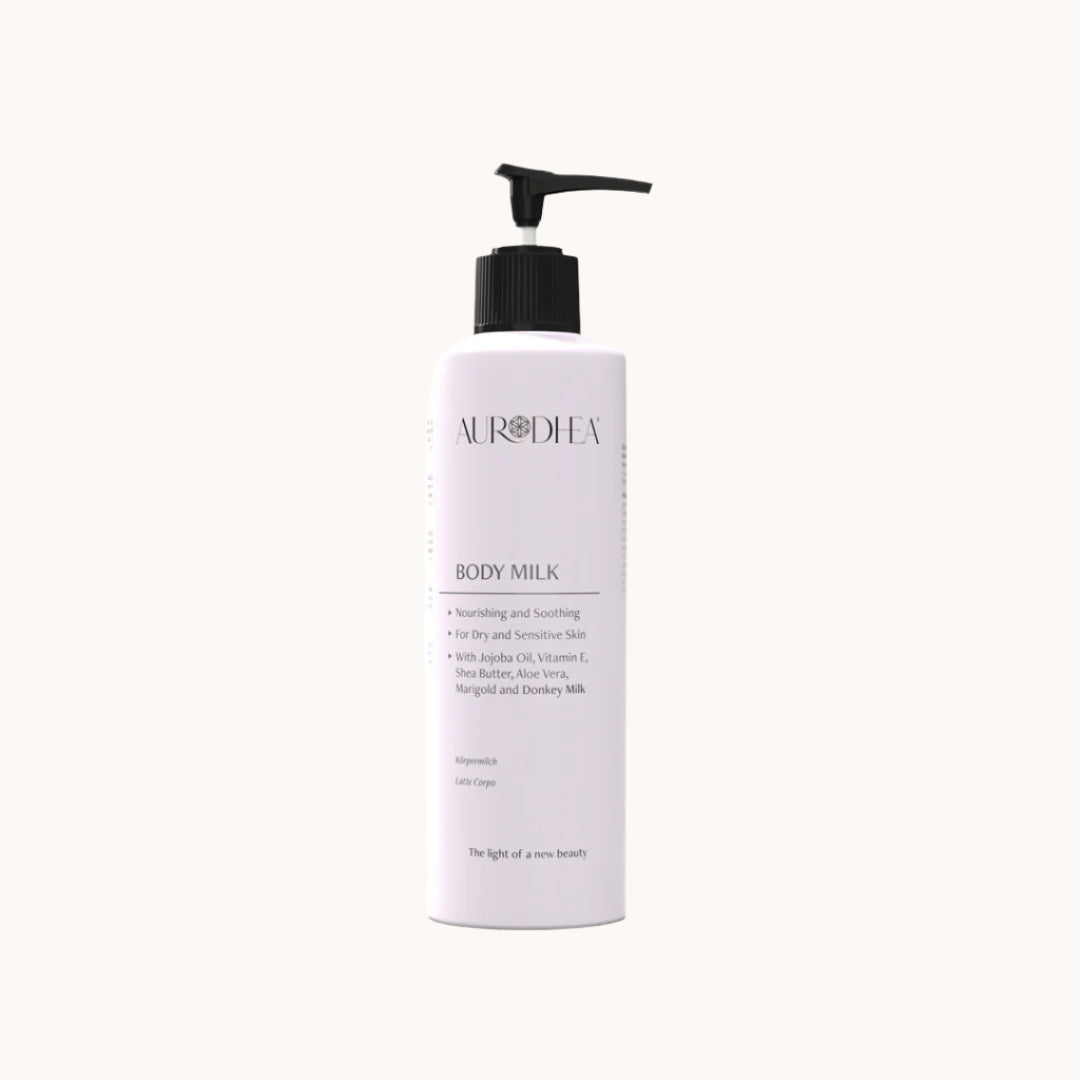 Aurodhea Körpermilch mit Eselfett, Sheabutter und Aloe Vera, feuchtigkeitsspendende und regenerierende Lotion für empfindliche und irritierte Haut
